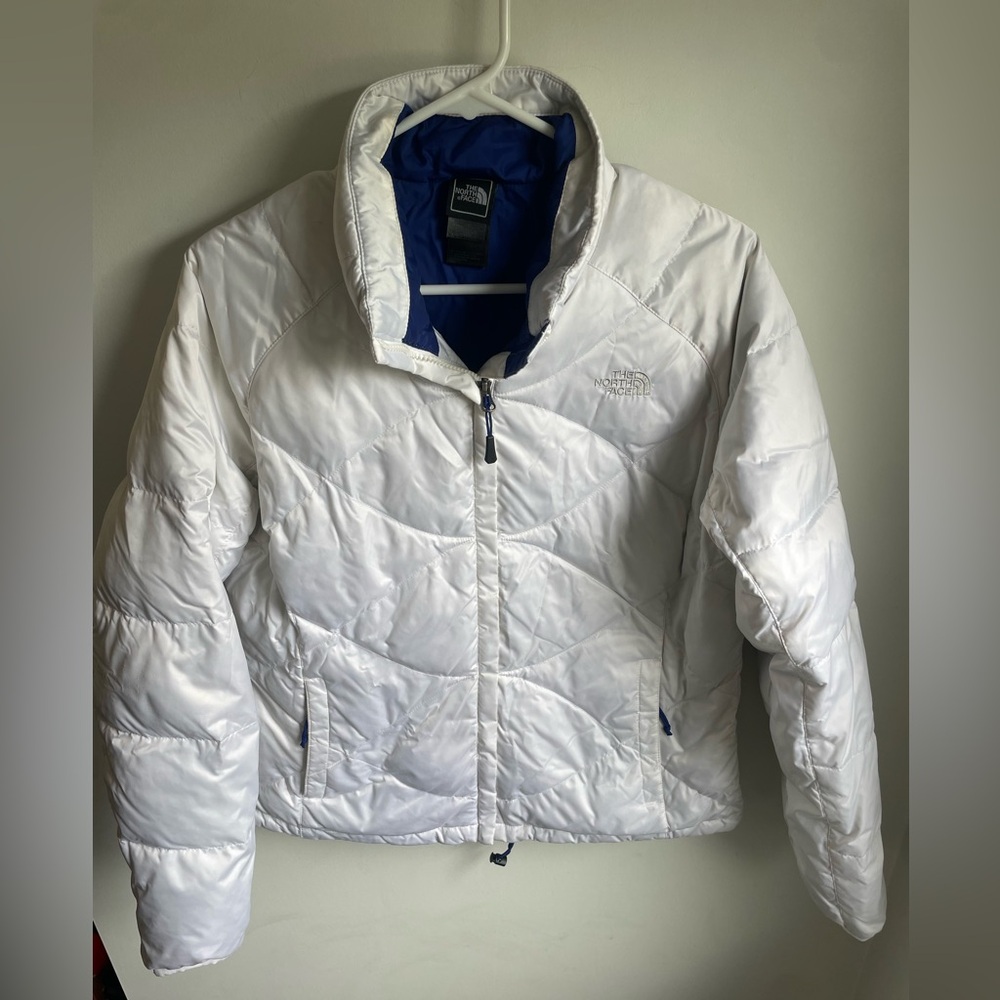 Northface 550 Downfill Puffer Coat White with Blue Lining Winter Women’s Large - Picture 1 of 8